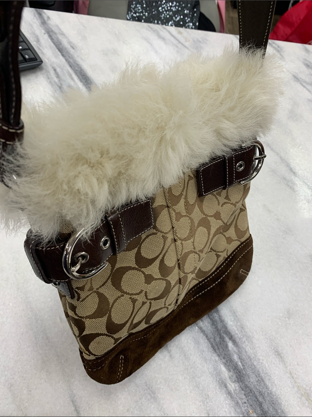 Coach Tan & Brown Signature Jacquard Fur-Trim Shoulder Bag - Picture 7 of 12